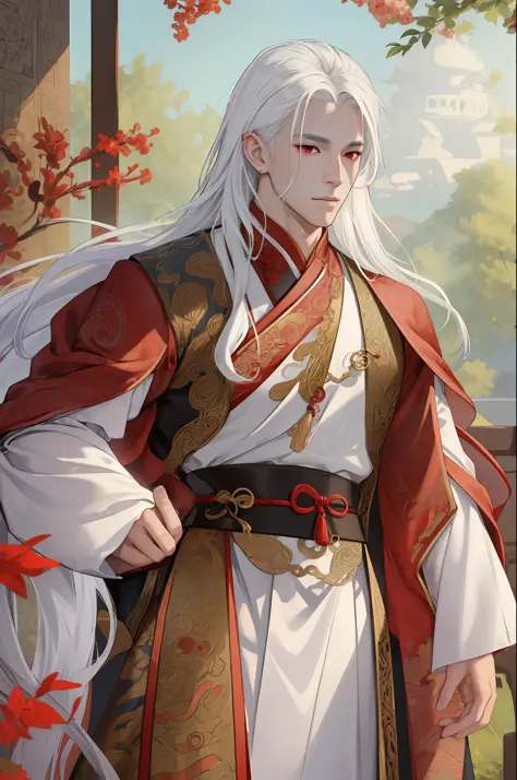 nsfw, masterpiece, best quality, ultra-detailed, semi-realistic, detailed facial features, 1boy, white hair, long hair, red eyes, wearing a detailed and intricate xianxia ancient clothes