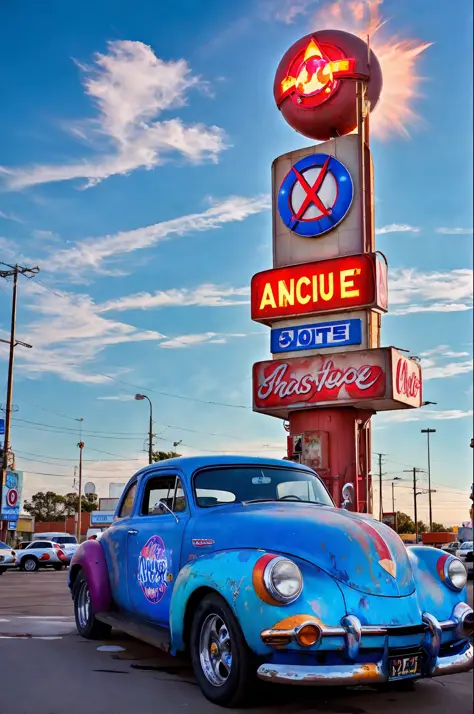 cars around abandoned gas station sign made from a rocket beautiful blue sky Clutter-Home (AtomPunkStyleSD15:1.0), (masterpiece:1.2) (photorealistic:1.2) (bokeh) (best quality) (detailed skin) (intricate) (8k) (HDR) (cinematic lighting) (sharp focus)