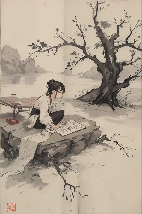 (Masterpiece, best quality: 1.2), traditional Chinese ink painting, a child writing with a brush