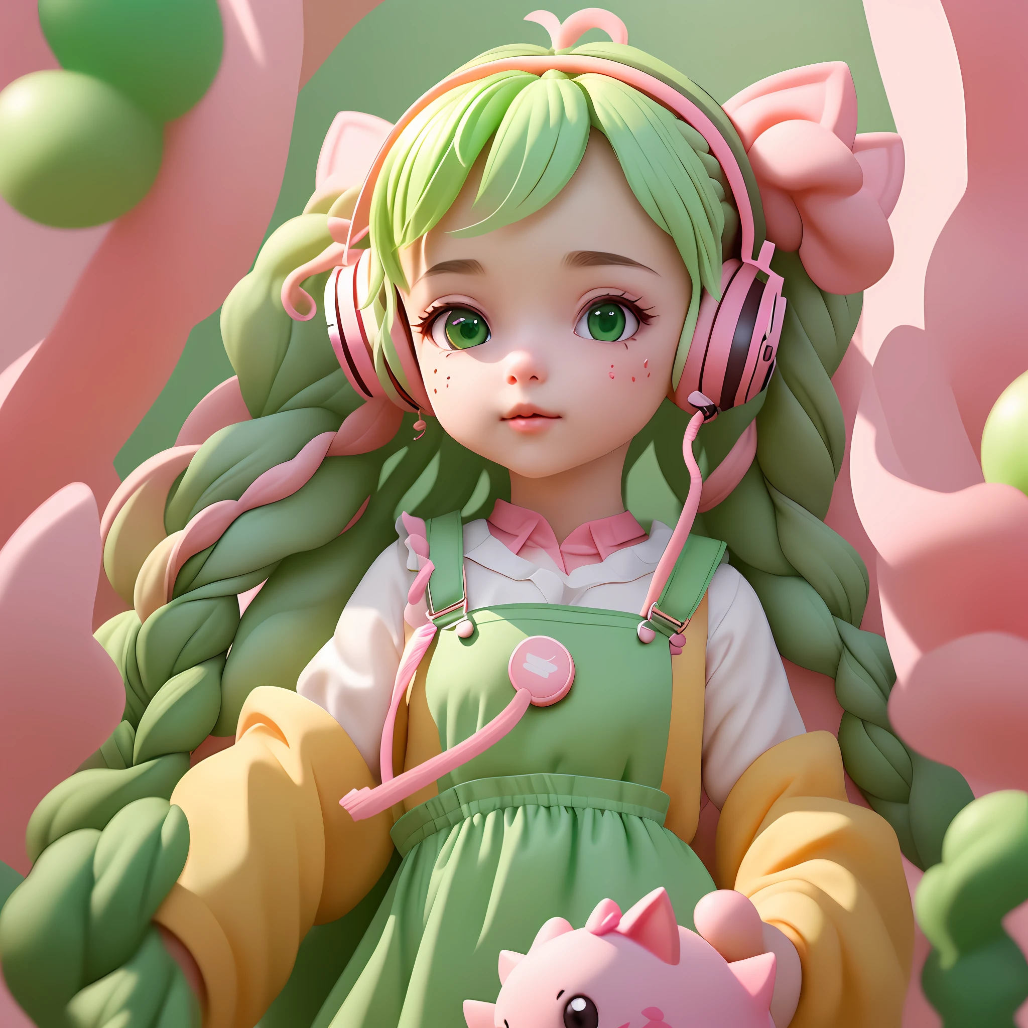 (Extremely detailed CG Unity 8k wallpaper, masterpiece, best quality, super detailed), (best lighting, best shadow, extremely delicate and beautiful), floating,
	
[(Headbands, earrings, (green: 1.5|red: 1.2) braided pig's tail hair with kitten headphones, (pink: 1.3) overalls) :: 0.8]