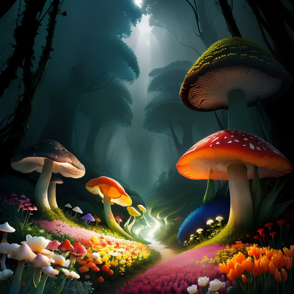 flower anthill with mushrooms , dark weather, rainforest, tulips,