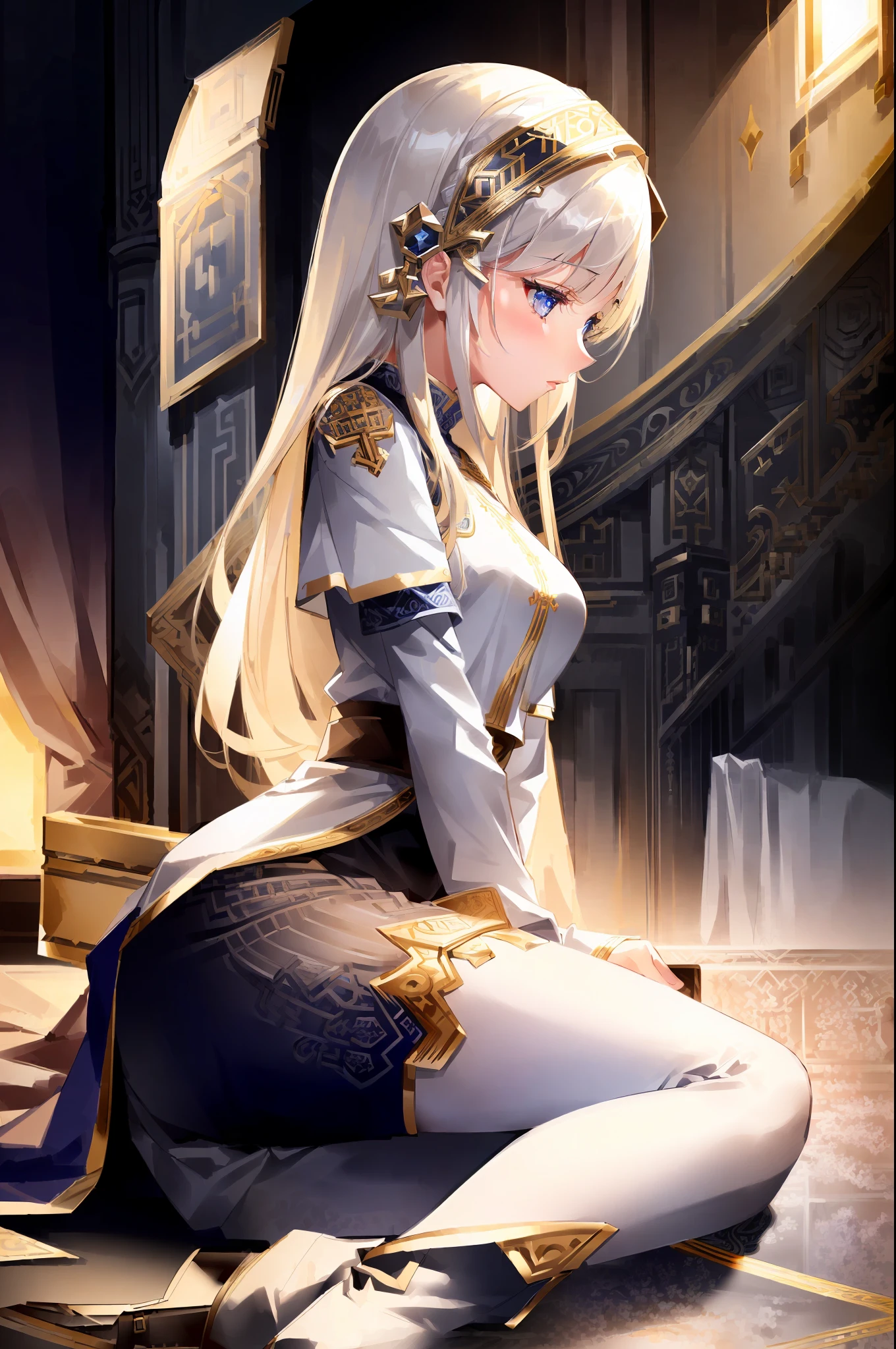 1 girl, mature, , ((blue eyes)), knee long hair, tight white boots, ((priestess)), ((masterpiece, top quality, best quality, official art, beautiful and aesthetic:1.2), extreme detailed, colorful, highest detailed ((ultra-detailed)), (highly detailed CG illustration), ((an extremely delicate and beautiful)), cinematic light, side view, head down, sitting