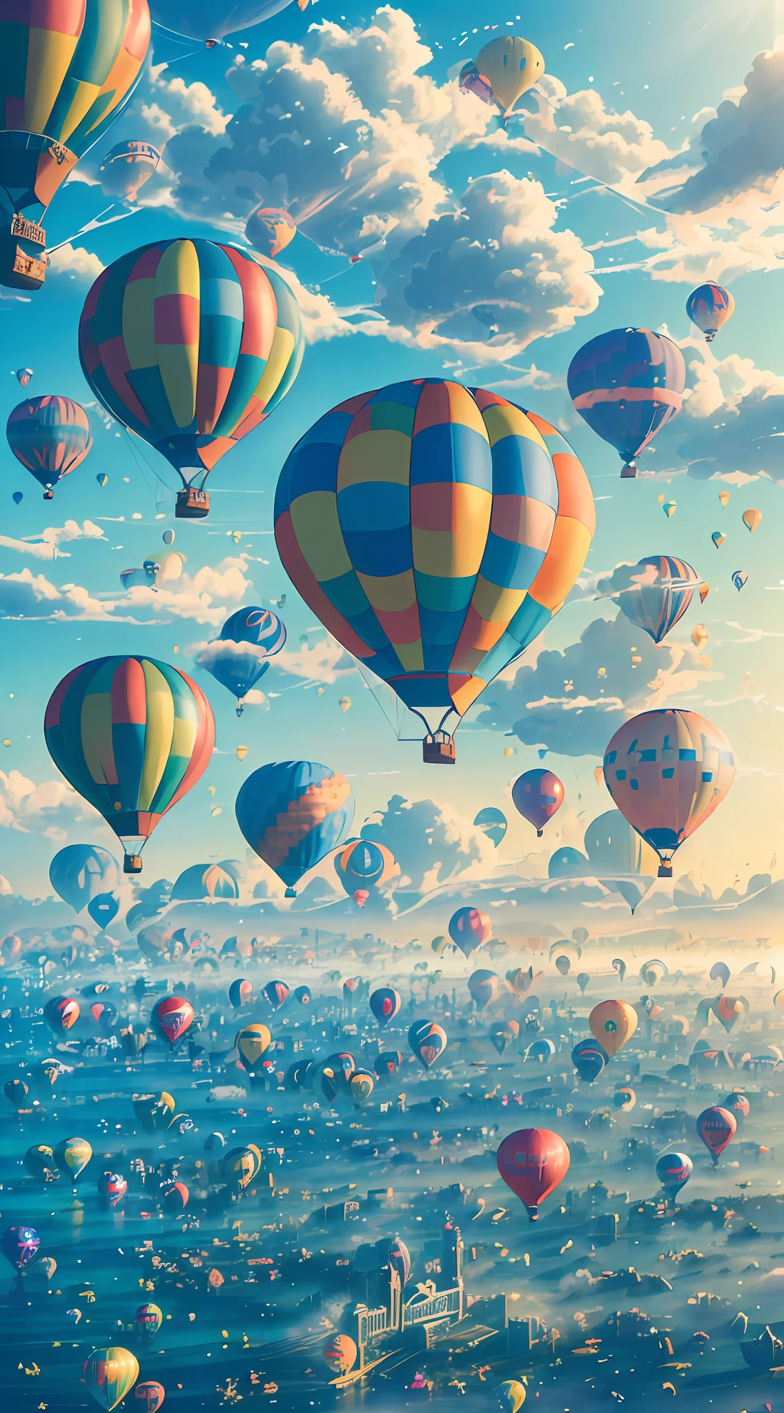 ((🎈 Ciudad en el cielo compuesta por globos aerostáticos.)), calidad de obra de arte, representación de partículas, ({vívido} alta saturación), ({Flotante} suspendido), ({agua} agua surface) Escenas, bajo ({🌈 ☀️ 🔮 luz de sol} luz de sol), (🌊 🌫️{niebla} niebla) rodeado de perspectivas extremadamente lejanas. --v6