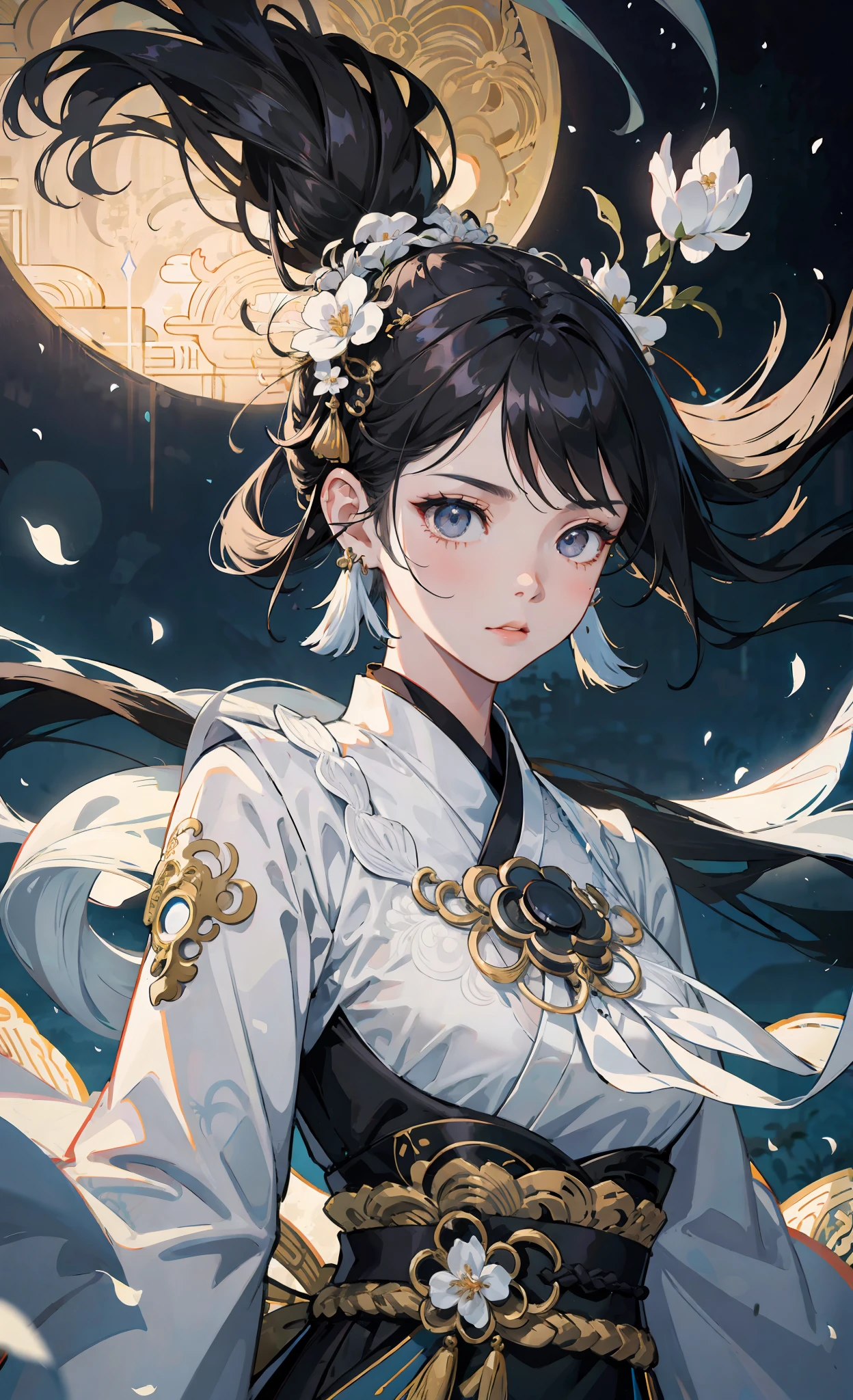Official Art Illustration, Girl, Black Eyes, Black Hair Color, Floating Hair, Hairpin, Delicate Eyes, Intricate White Hanfu, Gorgeous Accessories, Intricate Filigree, Wearing Earrings, FOV, F/1.8, Masterpiece, Background with Ancient Chinese Style Architecture, Night, Petals Flying, Frontal Perspective, Chang'e, Side Light, Moonlight Shining on People, 8K, Hazy