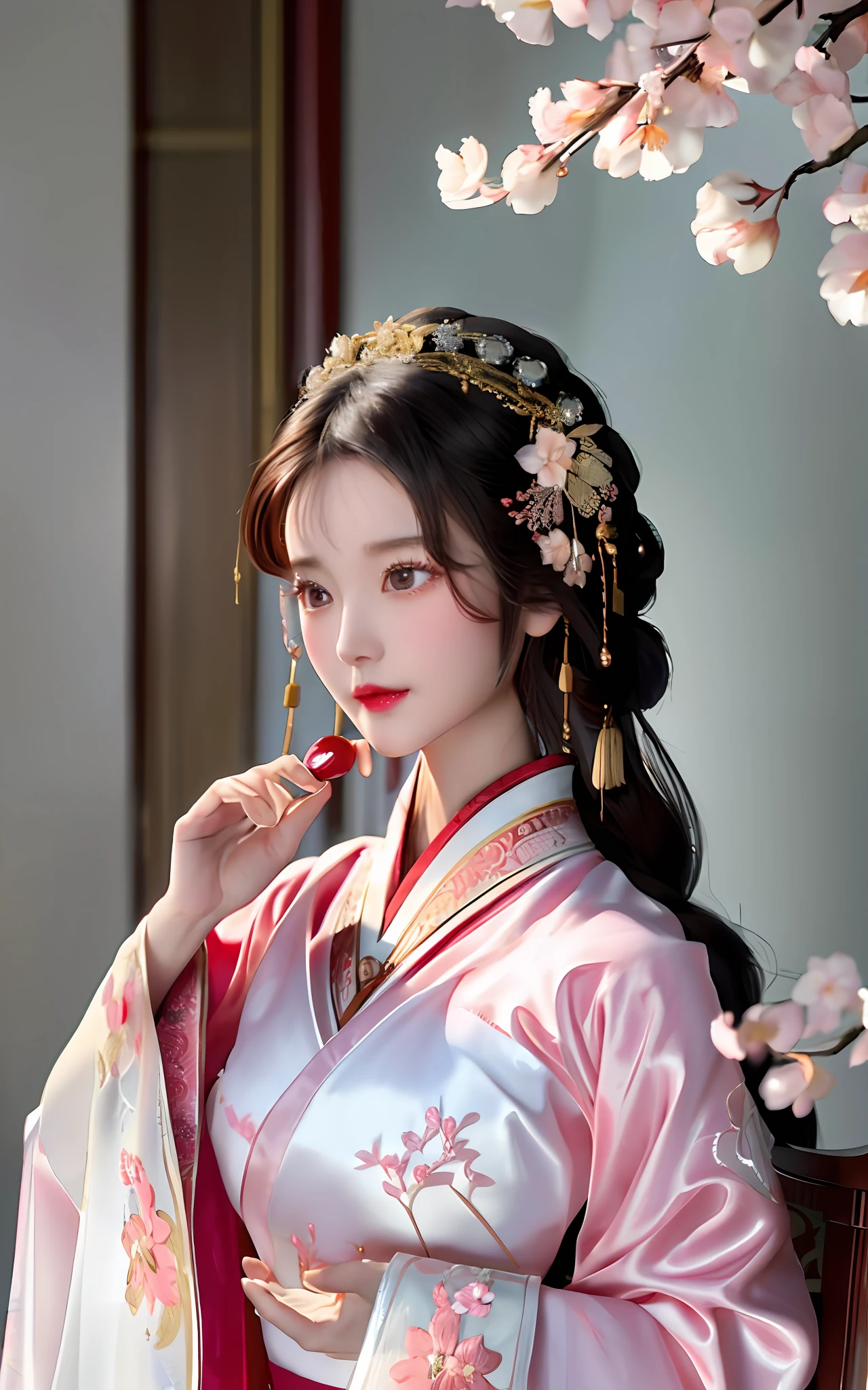 (masterpiece), (best quality), 8k, high detailed, ultra-detailed, The charming appearance of Lin Daiyu in "Dream of Red Mansions", woman, ((willow-leaf eyebrows)), ((almond-shaped eyes)), (delicate face with snow-white skin), (pink lips like cherry blossoms), (dressed in ((flowing silk clothing)) with intricate embroidery), (holding a ((handkerchief)) in her hand), (tinged with a hint of sadness and melancholy)