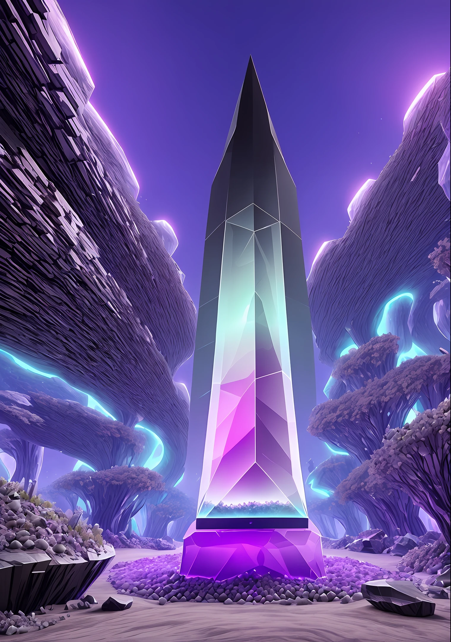 formigueiro, obelisco épico de obsidiana alienígena com cristais violeta pálidos encostados uns nos outros em torno de um cubo preto brilhante irregular gigante no meio, areia, fantasia, 4K