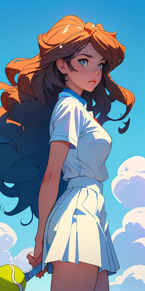 ((Best Quality, Masterpiece): 1.2), curly hair, wavy hair, tennis ball, blue sky and white clouds, white short sleeves, blue short skirt, incredible detail and stunning artwork with dynamic composition, stunning lighting and vibrant colors. High resolution...