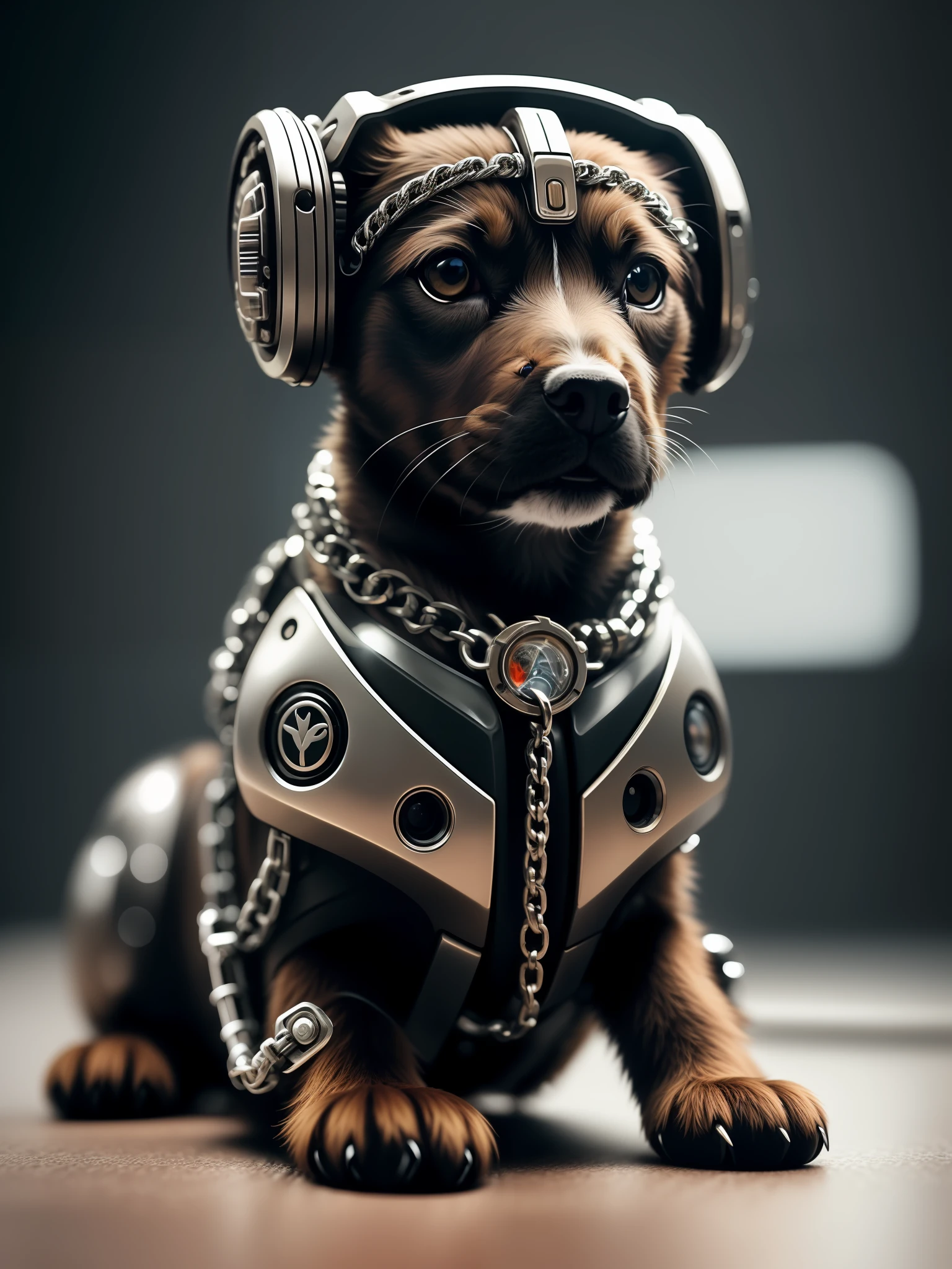 Masterpiece, 4K, Metal Image, Cute 1 Puppy, (Cyborg:1.1), ([Tail | Chain]:1.3), (Details Complex), HDR, (Hyperdetail, Details Complex:1.2), Focus on Detail, Cinematic Shot, Vignette, Center, Only 1HEAD.