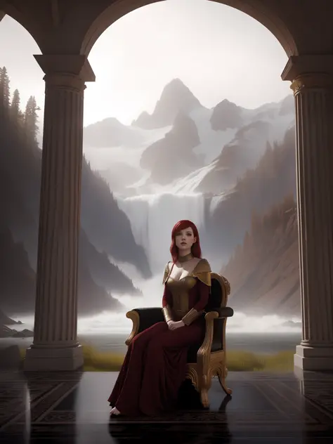 photo of haley williams, highres, masterpiece, 1girl, solo, best quality, realistic, short red hair,
palace, throne room, sittin...