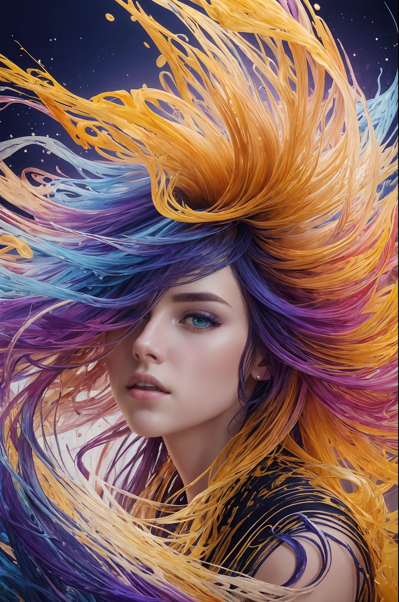 カラフルな美しい女の子: 18歳のギル, ボサボサの髪, 油絵, 柔らかい肌の素敵な完璧な顔, 青黄色, 薄紫とすみれ色の追加, ライトレッドの追加, 複雑な詳細, スプラッシュスクリーン, 8K resolution, 傑作, かわいい顔,artstation デジタルペインティング 滑らかな非常に黒いインクの流れ: 8K resolution photo現実的 傑作: 精巧に描かれた流動性のあるグアッシュ画: ジョン・バプテスト・モング著: 書道: アクリル: 水彩画, プロの写真撮影, 自然光, ボリューム照明マキシマリストフォトイラストレーション: マートン・ボブザート:, 複雑な, エレガント, 広大な, 幻想的,  ウェーブのかかった髪, 活気のある, 最高品質の詳細, 現実的, 高解像度, 高品質の質感, 壮大な照明, 映画のスチール写真, 8K, 柔らかい照明, アニメスタイル, 見事なトランプの枠, ランダムなカラフルなアート, 油絵, 青黄色, 薄紫とすみれ色の追加, ライトレッドの追加, 複雑な詳細, スプラッシュスクリーン, 8K resolution, 傑作, artstation デジタルペインティング 滑らかな非常に黒いインクの流れ: 8K resolution photo現実的 傑作: 精巧に描かれた流動性のあるグアッシュ画: ジョン・バプテスト・モング著: 書道: アクリル: 水彩画, プロの写真撮影, 自然光, ボリューム照明マキシマリストフォトイラストレーション: マートン・ボブザート:, 複雑な, エレガント, 広大な, 幻想的,  活気のある