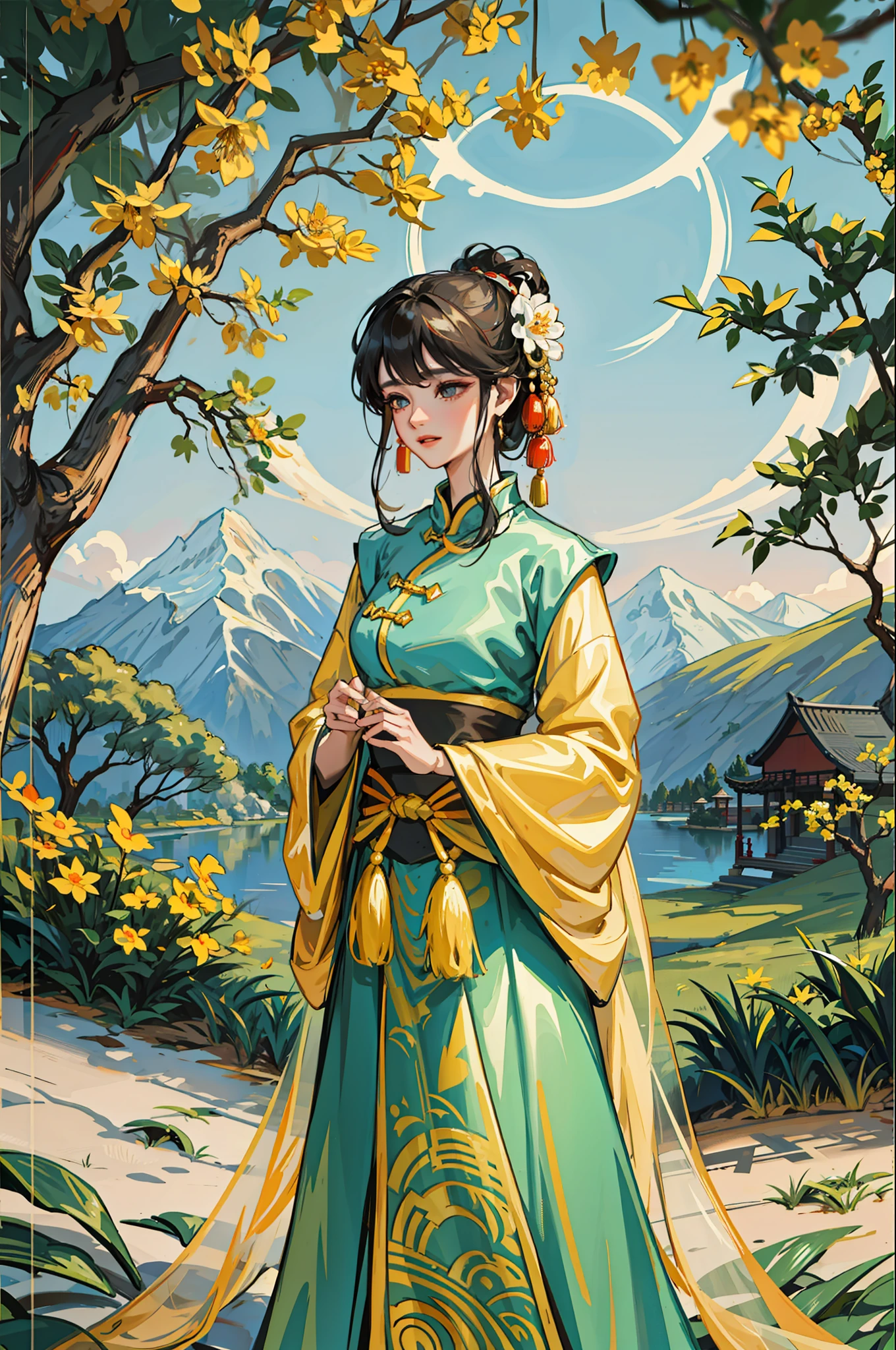 An ancient Chinese beauty standing under an osmanthus tree, charming temperament, flowing long skirt, clear face, beautiful eyes, osmanthus falling, masterpiece, super detailed, epic composition, super HD, high quality, extremely detailed, official art, unified 8k wallpaper, super detailed, 32k --v 6