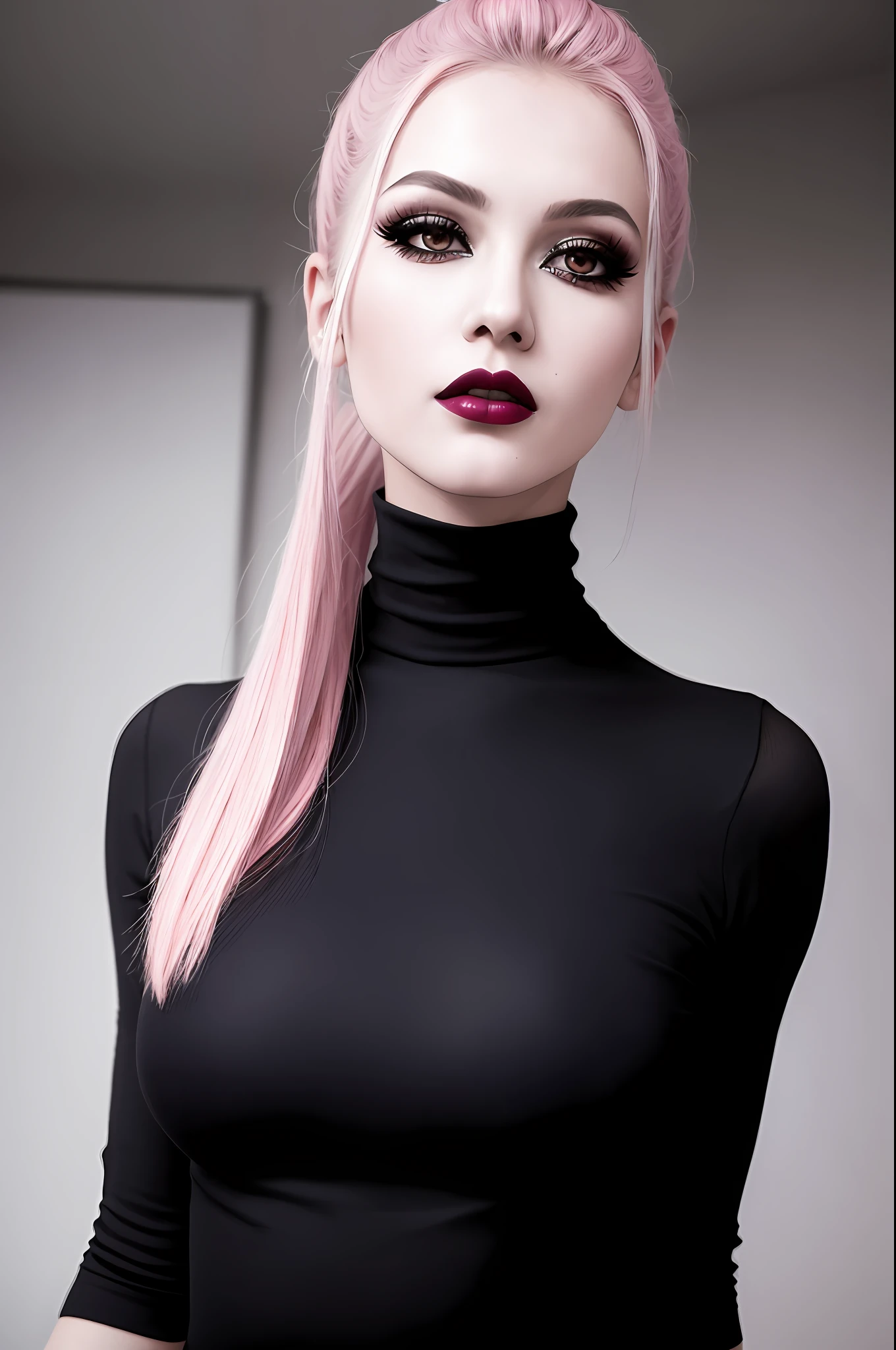 Picture of a goth girl. Fit face. 22 years old, Sharp chin, photography, raw photo, masterpiece, extremely detailed photo, DSLR, photorealistic 1.4, ultra hi res, best quality, pink lips, perfect makeup, full body picture, tall, toned, busty,