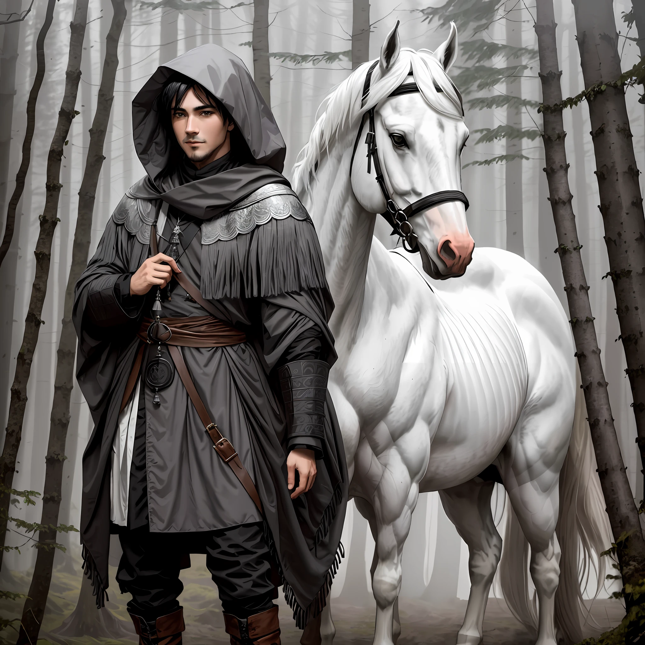 A (cunning, clever) man (cunning, clever) in gray scales and a hood with (scattered black hair) and a white war horse in a forest background shrouded in a thick white fog