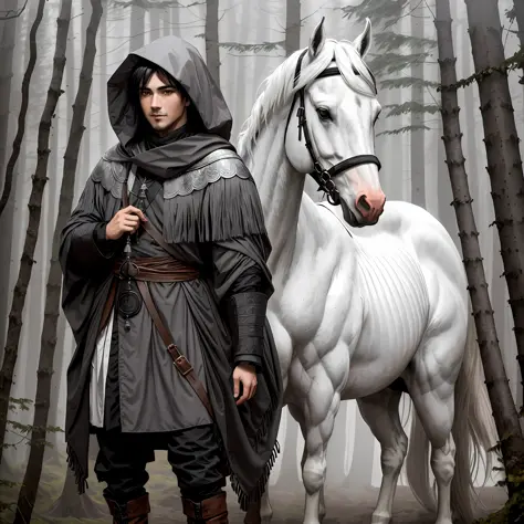 a (cunning, clever) man (cunning, clever) in gray scales and a hood with (scattered black hair) and a white war horse in a fores...