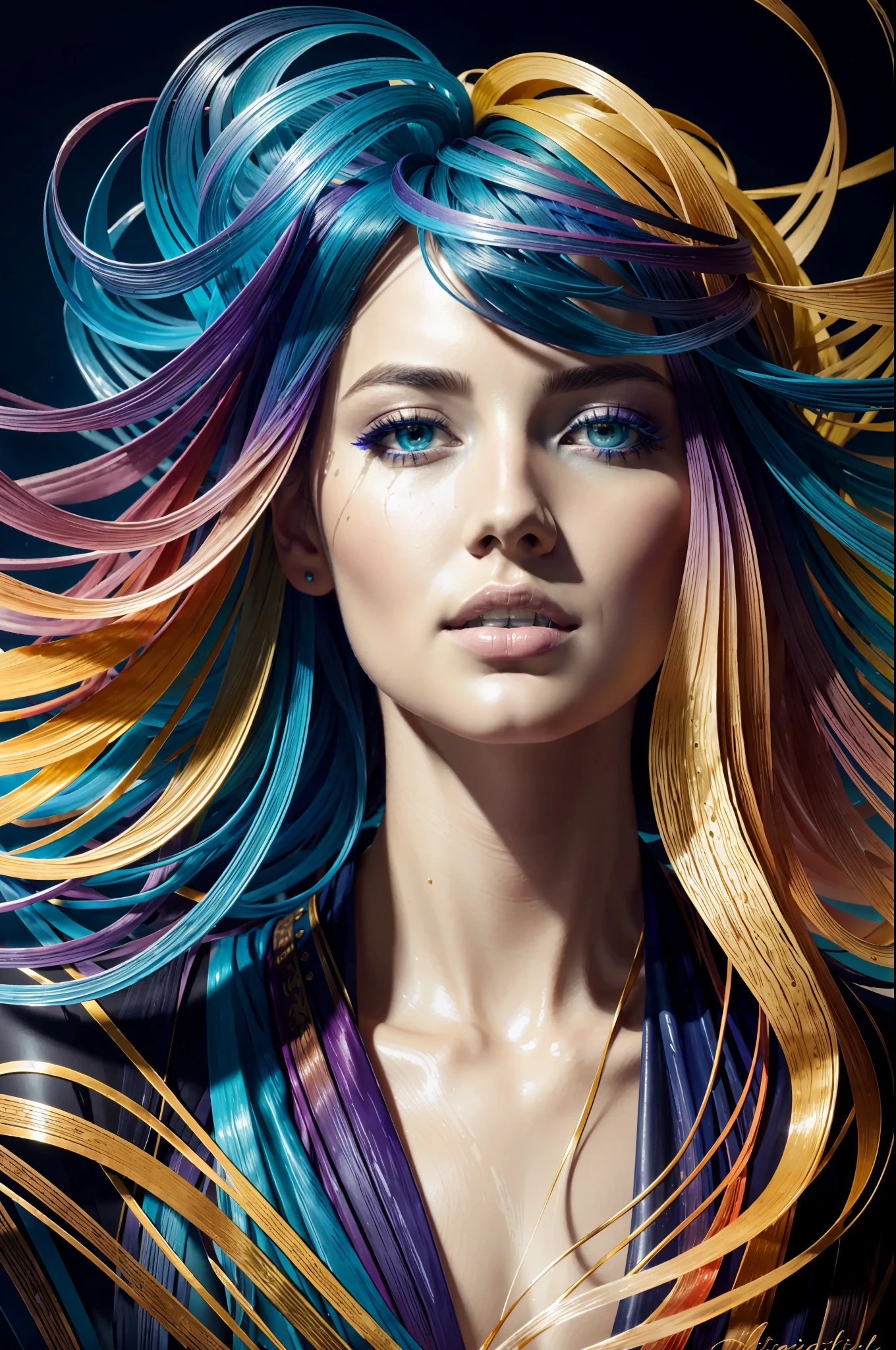 Belle fille colorée: un giru de 28 ans, les cheveux en désordre, peinture à l&#39;huile, joli visage parfait avec une peau douce et un visage parfait, couleurs bleu jaune, ajouts de violet clair et violet, ajouts rouge clair, détail complexe, écran de démarrage, Résolution 8k, chef-d&#39;œuvre, visage mignon,peinture numérique artstation fluide flux d&#39;encre très noir: Résolution 8k photoréaliste chef-d&#39;œuvre: peinture à la gouache fluide finement détaillée: par Jean-Baptiste Mongue: calligraphie: acrylique: aquarelle, photographie professionnelle, Éclairage naturel, éclairage volumétrique photoillustration maximaliste: par Marton Bobzert:, Complexe, élégant, expansif, fantastique,  cheveux ondulés, vibrant, Détails de la meilleure qualité, réaliste, Haute définition, texture de haute qualité, éclairage épique, Film cinématographique, 8k, Éclairage doux, Style animé, bordure de carte à jouer magistrale, Art coloré aléatoire, peinture à l&#39;huile, couleurs bleu jaune, ajouts de violet clair et violet, ajouts rouge clair, détail complexe, écran de démarrage, Résolution 8k, chef-d&#39;œuvre, peinture numérique artstation fluide flux d&#39;encre très noir: Résolution 8k photoréaliste chef-d&#39;œuvre: peinture à la gouache fluide finement détaillée: par Jean-Baptiste Mongue: calligraphie: acrylique: aquarelle, photographie professionnelle, Éclairage naturel, éclairage volumétrique photoillustration maximaliste: par Marton Bobzert:, Complexe, élégant, expansif, fantastique, vibrant