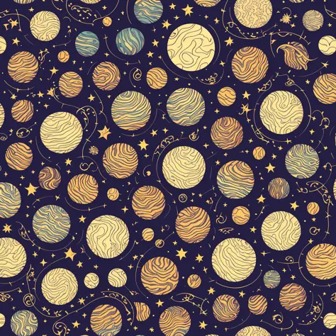 Seamless patterns of planets and stars, cosmic design, repeating patterns design, fabric art, flat illustration, rainbow-core, highly detailed clean, vector image, photorealistic masterpiece, professional photography, simple field background, isometric, bright vector, suns, stars, galaxies, planets, supernovas,