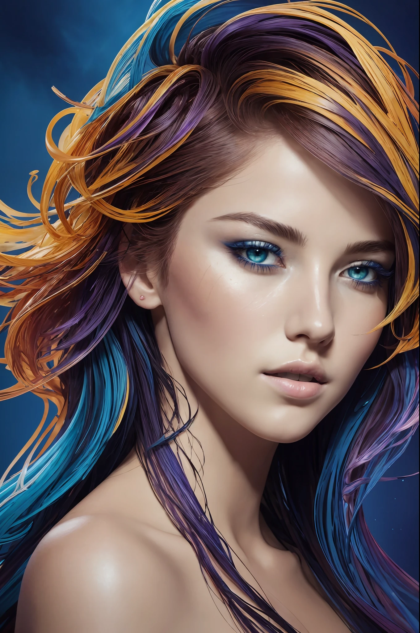 Linda garota colorida: uma garota de 28 anos, cabelo bagunçado, Pintura a óleo, lindo rosto perfeito com pele macia, rosto perfeito, cores azuis amarelas, adições roxas e violetas claras, adições vermelhas claras, detalhe intrincado, tela de abertura, 8K resolution, Obra de arte, rosto fofo,pintura digital artstation suave muitofluxo de tinta preta: 8K resolution photorealista Obra de arte: pintura em guache fluida detalhadamente detalhada: por João Batista Mongue: caligrafia: acrílico: arte em aquarela, Fotografia profissional, iluminação natural, iluminação volumétrica fotoilustração maximalista: por Marton Bobzert:, complex, elegante, expansivo, fantástico,  cabelo ondulado, vibrante, Detalhes da melhor qualidade, realista, alta definição, textura de alta qualidade, iluminação épica, filme cinematográfico ainda, 8K, iluminação suave, estilo anime, borda magistral de cartas de baralho, arte colorida aleatória, Pintura a óleo, cores azuis amarelas, adições roxas e violetas claras, adições vermelhas claras, detalhe intrincado, tela de abertura, 8K resolution, Obra de arte, pintura digital artstation suave muitofluxo de tinta preta: 8K resolution photorealista Obra de arte: pintura em guache fluida detalhadamente detalhada: por João Batista Mongue: caligrafia: acrílico: arte em aquarela, Fotografia profissional, iluminação natural, iluminação volumétrica fotoilustração maximalista: por Marton Bobzert:, complex, elegante, expansivo, fantástico, vibrante