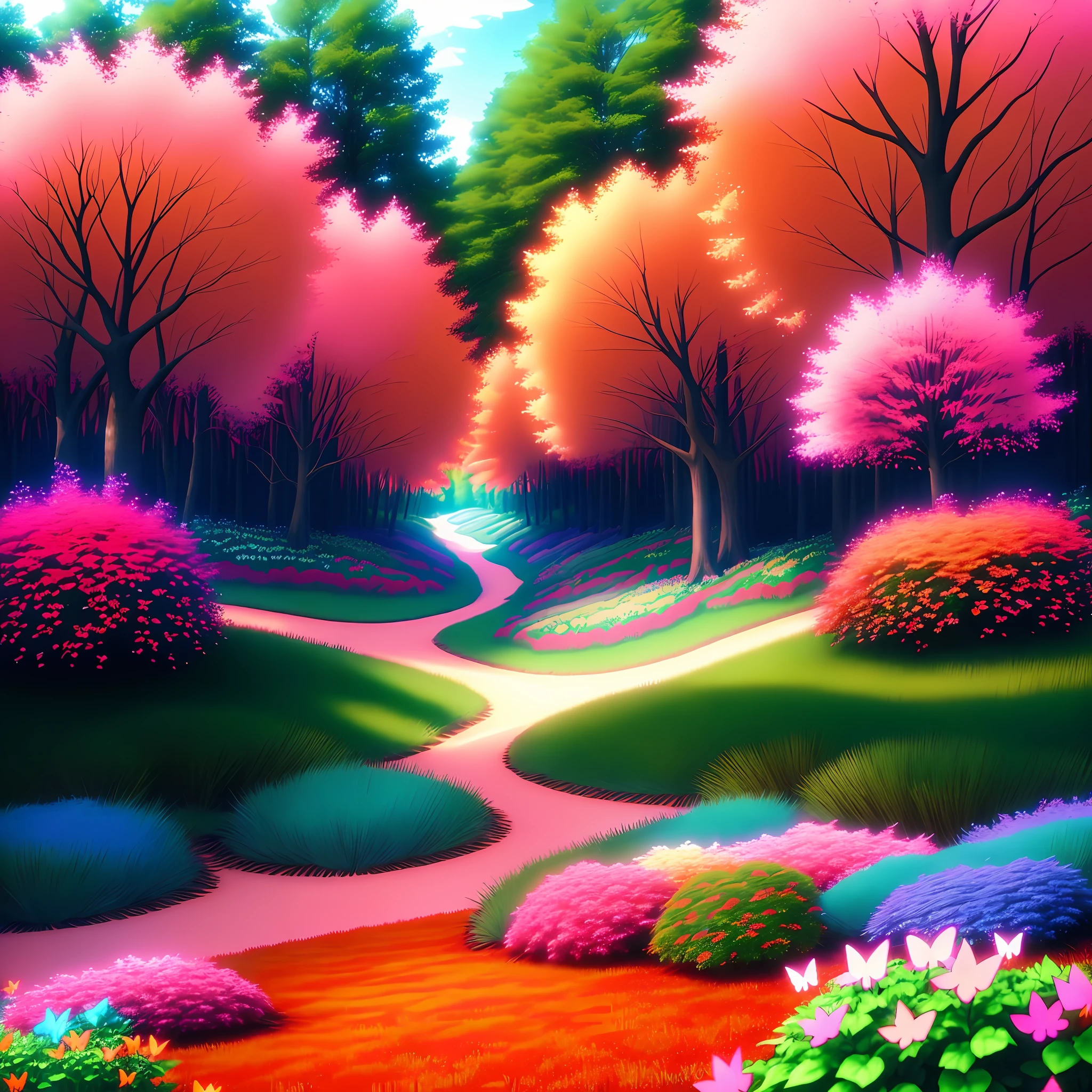 Images colorful forest miscellaneous colors pink color with colorful flowers orange green red blue river butterflies real photo 3d cinema 8k sun well lit vibrant colors shrubs rocks butterflies blue