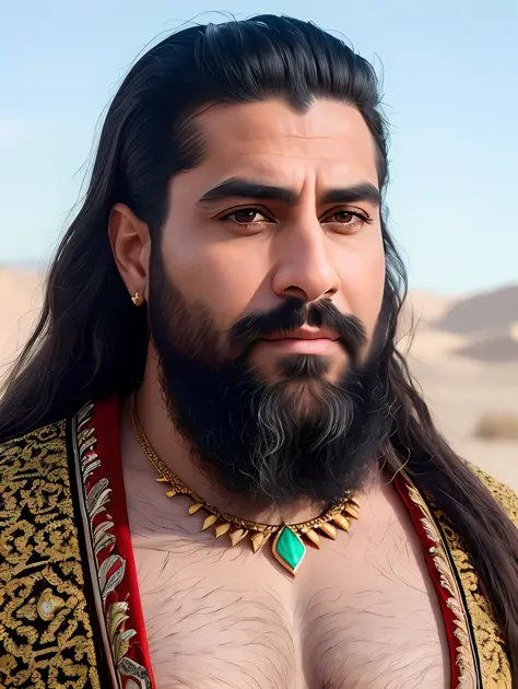 a photorealistic portrait of an insanely handsome chiseled persian  man dressed with rich persian clothes and jewelry, wondering...