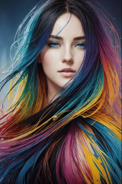 Colorful beautiful girl: a giru 28-years old, green eyes, messy hair, oil painting, nice perfect face with soft skinice perfect face, blue yellow colors, light purple and violet additions, light red additions, intricate detail, splash screen, 8k resolution...
