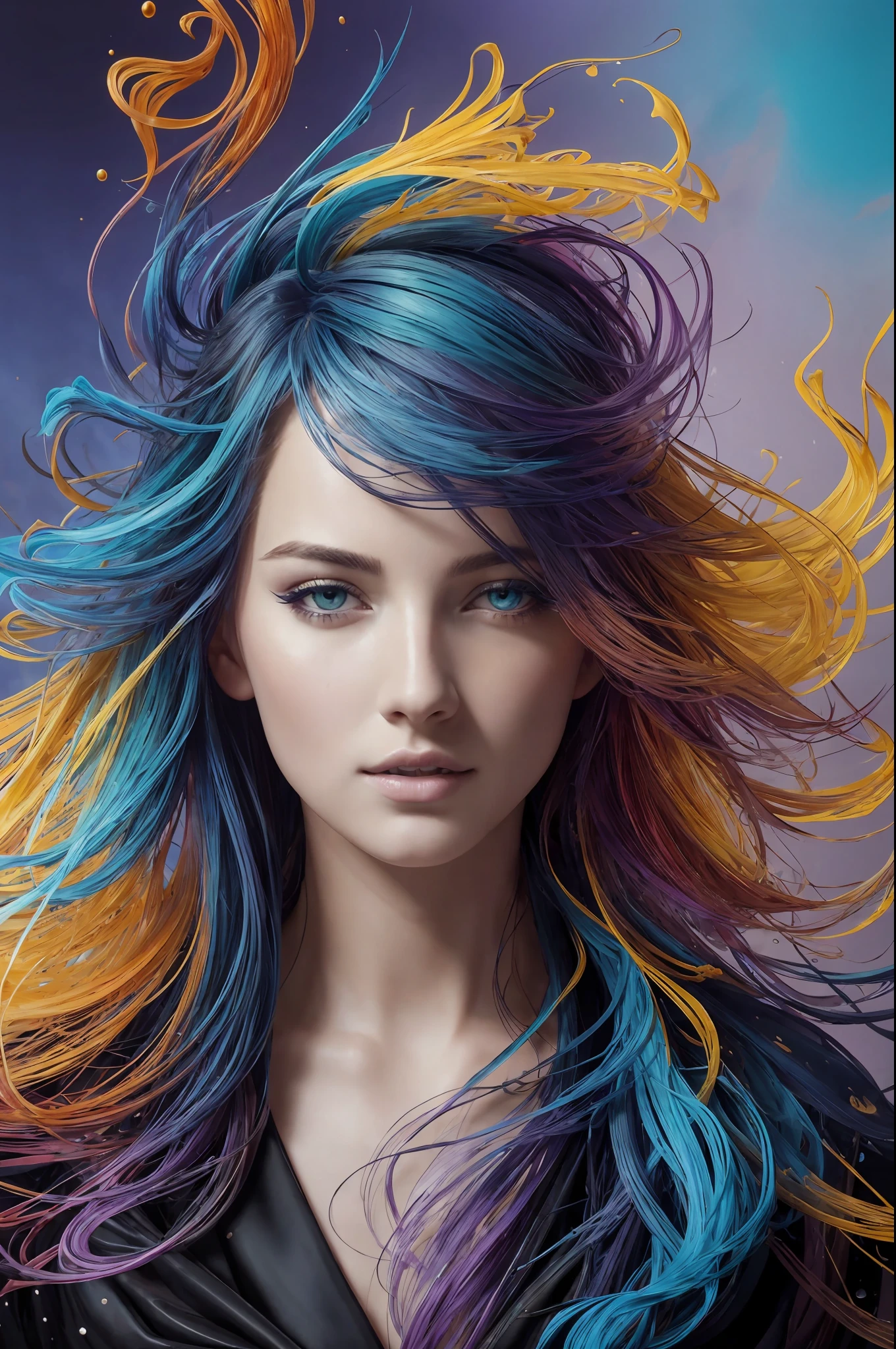 Belle fille colorée: un giru de 28 ans, yeux verts, les cheveux en désordre, peinture à l&#39;huile, joli visage parfait avec une peau douce et un visage parfait, couleurs bleu jaune, ajouts de violet clair et violet, ajouts rouge clair, détail complexe, écran de démarrage, Résolution 8k, chef-d&#39;œuvre, visage mignon,peinture numérique artstation fluide flux d&#39;encre très noir: Résolution 8k photoréaliste chef-d&#39;œuvre: peinture à la gouache fluide finement détaillée: par Jean-Baptiste Mongue: calligraphie: acrylique: aquarelle, photographie professionnelle, Éclairage naturel, éclairage volumétrique photoillustration maximaliste: par Marton Bobzert:, Complexe, élégant, expansif, fantastique,  cheveux ondulés, vibrant, Détails de la meilleure qualité, réaliste, Haute définition, texture de haute qualité, éclairage épique, Film cinématographique, 8k, Éclairage doux, Style animé, bordure de carte à jouer magistrale, Art coloré aléatoire, peinture à l&#39;huile, couleurs bleu jaune, ajouts de violet clair et violet, ajouts rouge clair, détail complexe, écran de démarrage, Résolution 8k, chef-d&#39;œuvre, peinture numérique artstation fluide flux d&#39;encre très noir: Résolution 8k photoréaliste chef-d&#39;œuvre: peinture à la gouache fluide finement détaillée: par Jean-Baptiste Mongue: calligraphie: acrylique: aquarelle, photographie professionnelle, Éclairage naturel, éclairage volumétrique photoillustration maximaliste: par Marton Bobzert:, Complexe, élégant, expansif, fantastique, vibrant