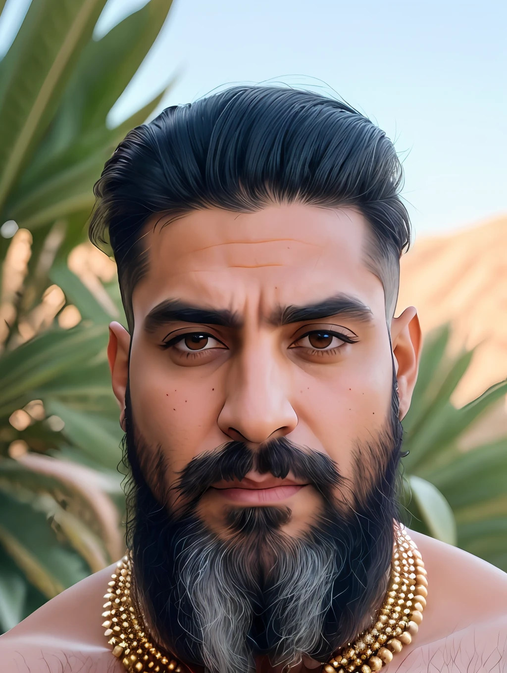 A photorealistic portrait of an insanely handsome chiseled Persian  man dressed with rich Persian clothes and jewelry, wondering as he looks slightly up at the sky in the desert, short messy hair, white beard, a colorized photo by Jesse Richards, instagram contest winner, maximalism, masculine, handsome, grotesque, photograph, detailed symmetric realistic face, extremely detailed natural texture, peach fuzz, long hair, masterpiece, absurdres, nikon d850 film stock photograph, kodak portra 400 camera f1.6 lens, extremely detailed, amazing, fine detail, hyper realistic lifelike texture, dramatic lighting, unrealengine, trending on artstation, cinestill 800 tungsten, looking at the viewer, photo realistic, RAW photo, TanvirTamim, high quality, highres, sharp focus, extremely detailed, cinematic lighting, 8k uhd,-imagine-