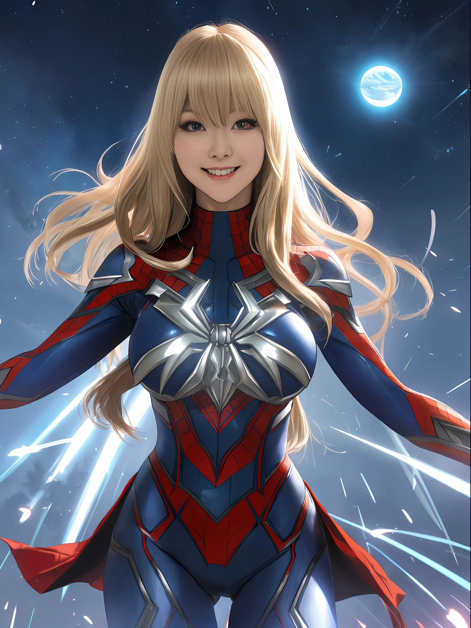 Ultraman, Mortal Kombat, anime style, (Max quality: Sharpness:resolution:detailed) full body shot, (1 female:giant:Ultraman:Spider-Man:Batman, extremely exhibitionist)/(solo),big breasts, long blonde hair lizo: in front of the eye: moving in the wind, (facing the viewer), (circular jewel on the chest with strong blue light), helmet: mask of Ultraman, staring at the viewer, smiling, she is in a futuristic city being attacked by aliens.