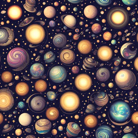 Seamless patterns of galaxies and planets, cosmic design, repeating patterns design, fabric art, flat illustration, rainbow-core, highly detailed clean, photorealistic masterpiece, professional photography, simple field background, isometric, saturn