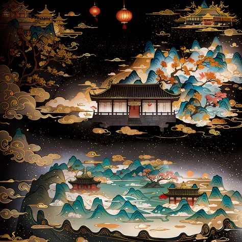 An ancient Chinese painting, ancient Chinese background, mountains, rivers, auspicious clouds, pavilions, sunshine, masterpieces, super detail, epic composition, ultra HD, high quality, extremely detailed, official art, unified 8k wallpaper, Super detail, ...