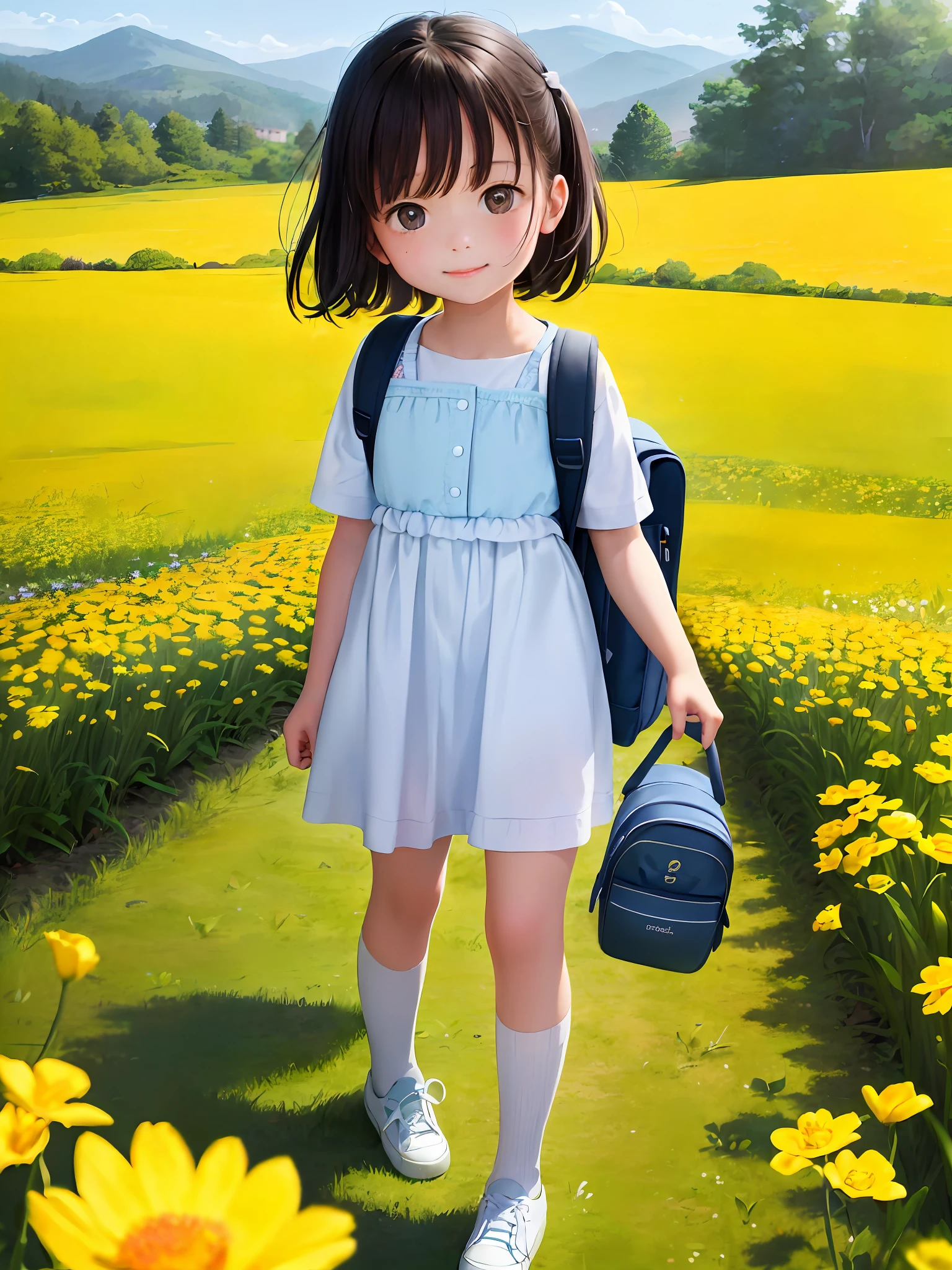 Prompt: An incredibly charming  carrying a backpack, accompanied by her adorable puppy, enjoying a lovely spring outing surrounded by beautiful yellow flowers and natural scenery. The illustration is in high definition at 4k resolution, with highly-detailed facial features and cartoon-style visuals.