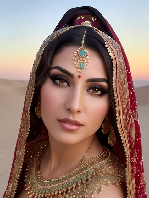 A photorealistic portrait of an insanely beautiful perfect body Persian woman dressed as a rich Belly dancer, wondering as she d...