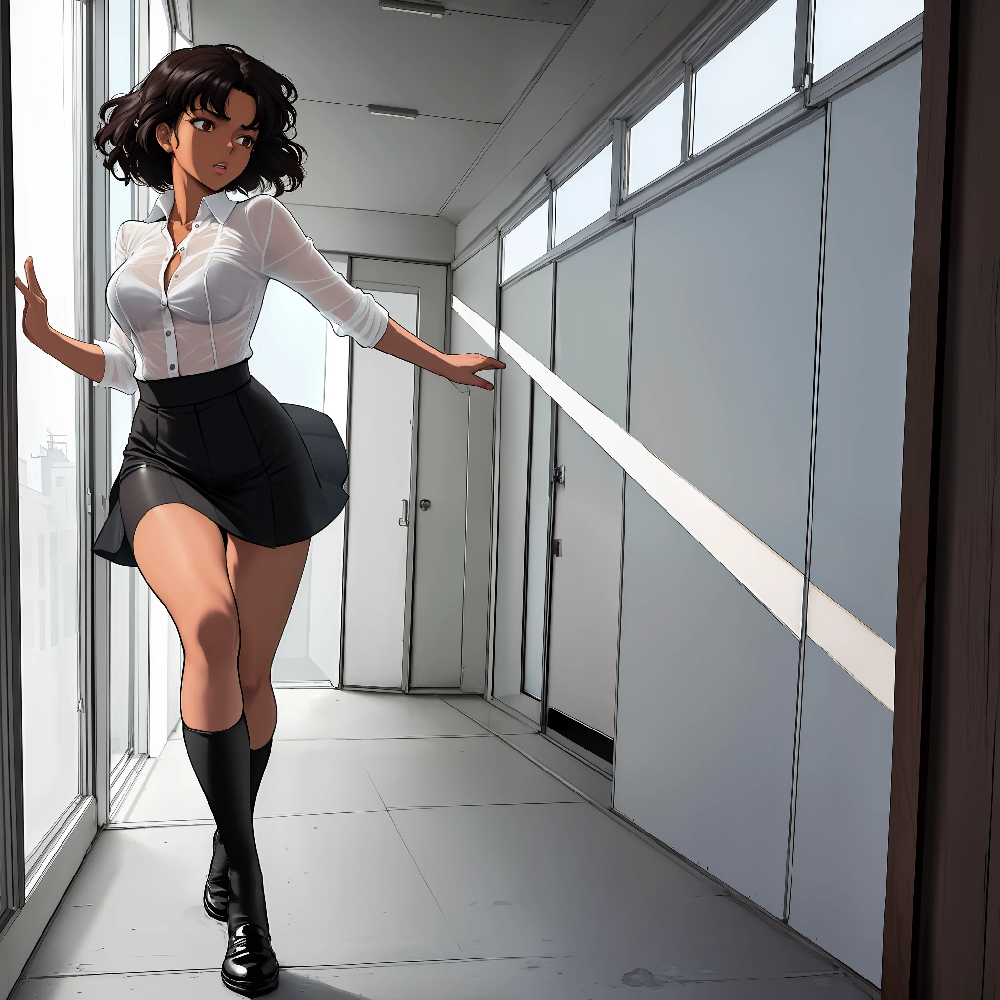 a afroHero (masterpiece, best quality), Female brunette, woman character, (((running to look at the bedroom window with worry))), (comic style artwork with perfect anatomy), perfect body, transparent wet ultrathin white dress shirt unbuttoned, black knee high tights, (black short miniskirt), highly detailed--no outline