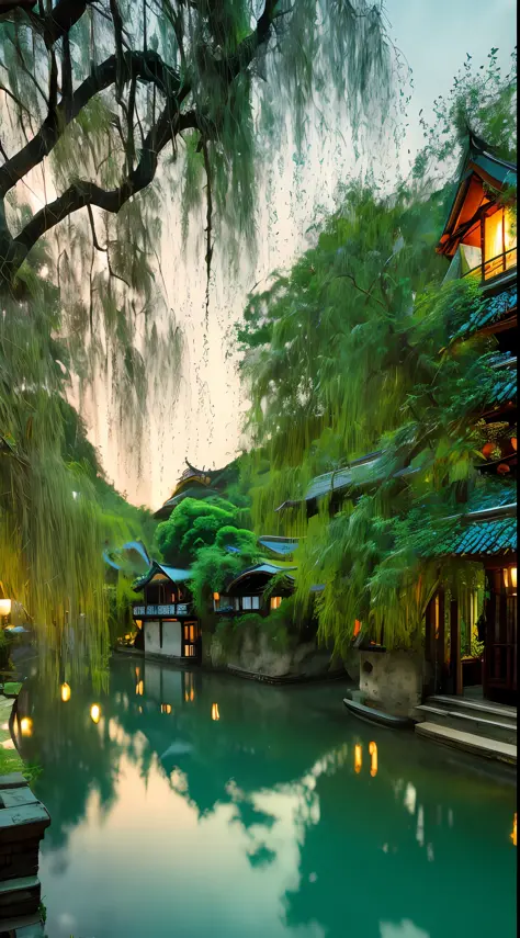 At dusk, green trees, willows flying, surrounded by blue water, small bridges and flowing water, antique color, floral fragrance, warm as jade, birds singing and flowers, water town paintings, leisurely, real photography, 16K resolution