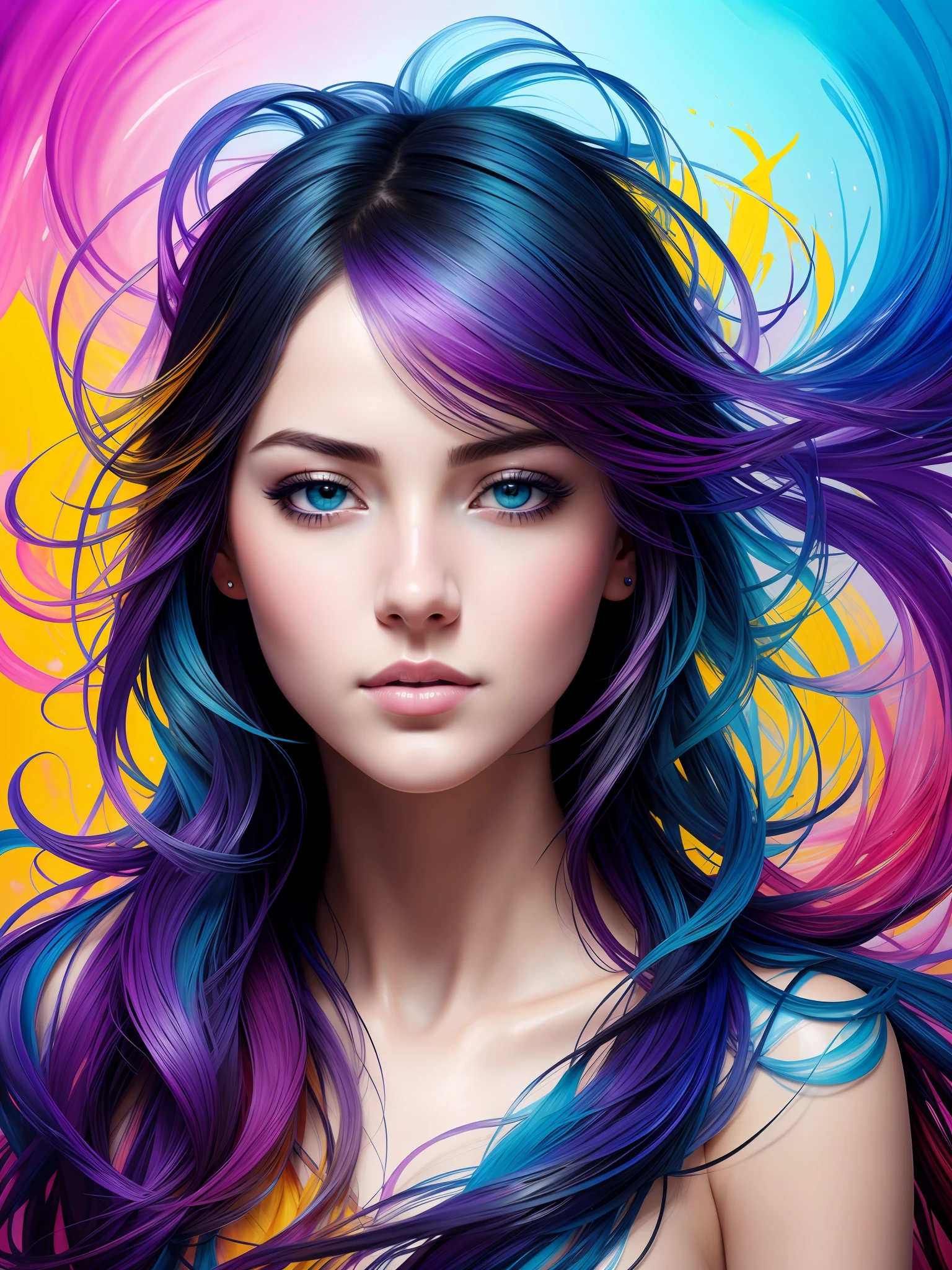 Colorful beautiful girl: a giru 28-years old, messy hair, oil painting, nice perfect face with soft skinice perfect face, blue yellow colors, light purple and violet additions, light red additions, intricate detail, splash screen, 8k resolution, masterpiece, cute face,artstation digital painting smooth veryBlack ink flow: 8k resolution photorealistic masterpiece: intricately detailed fluid gouache painting: by Jean Baptiste Mongue: calligraphy: acrylic: watercolor art, professional photography, natural lighting, volumetric lighting maximalist photoillustration: by marton bobzert:, complex, elegant, expansive, fantastical,  wavy hair, vibrant, Best quality details, realistic, High definition, High quality texture, epic lighting, Cinematic film still, 8k, soft lighting, anime style, masterful playing card border, random Colorful art, oil painting, blue yellow colors, light purple and violet additions, light red additions, intricate detail, splash screen, 8k resolution, masterpiece, artstation digital painting smooth veryBlack ink flow: 8k resolution photorealistic masterpiece: intricately detailed fluid gouache painting: by Jean Baptiste Mongue: calligraphy: acrylic: watercolor art, professional photography, natural lighting, volumetric lighting maximalist photoillustration: by marton bobzert:, complex, elegant, expansive, fantastical, vibrant