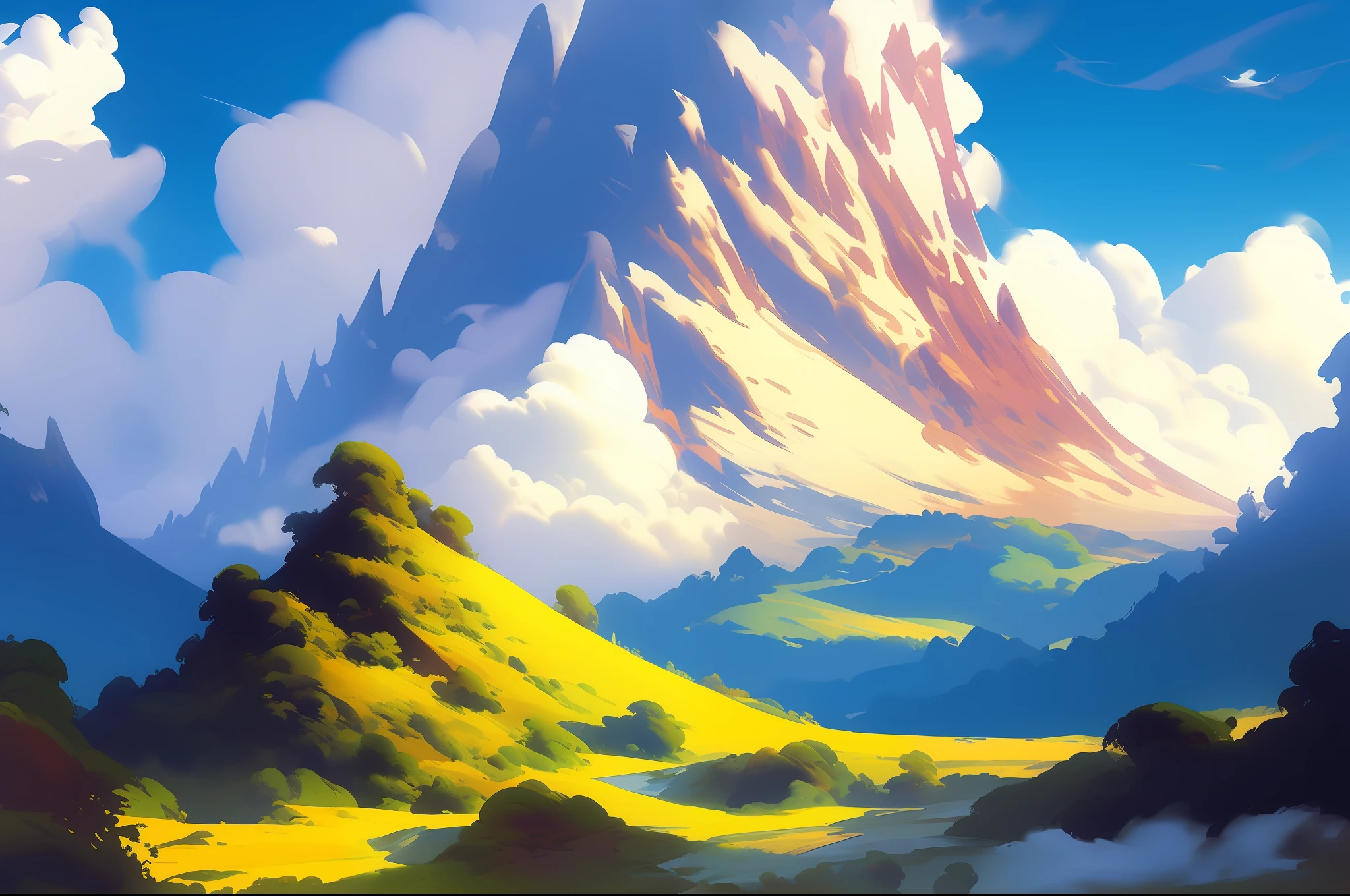 (NIJIFTB fantasy landscape): a towering mountain with magnificent solar magic shining from its peak, sparse clouds drifting along the mid-levels, the summit piercing above the clouds in full view.