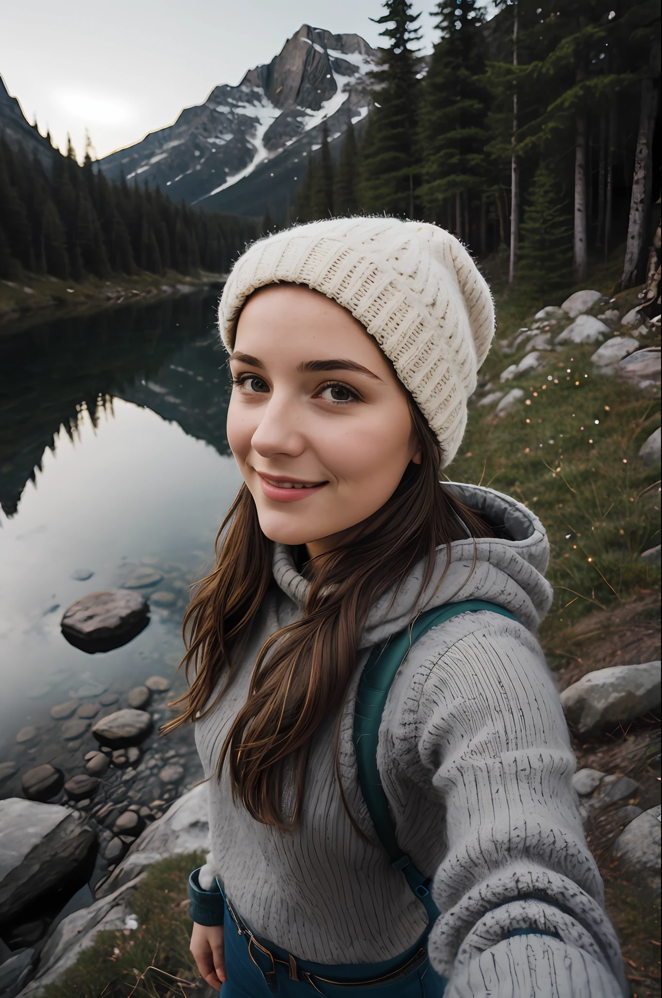 1 girl ((upper body selfie, happy)), masterpiece, best quality, ultra-detailed, solo, outdoor, (night), mountains, nature, (stars, moon) cheerful, happy, backpack, sleeping bag, camping stove, water bottle, mountain boots, gloves, sweater, hat, lantern, forest, stones, river, wood, smoke, shadows, contrast, clear sky, style, (warm hue, warm tone)