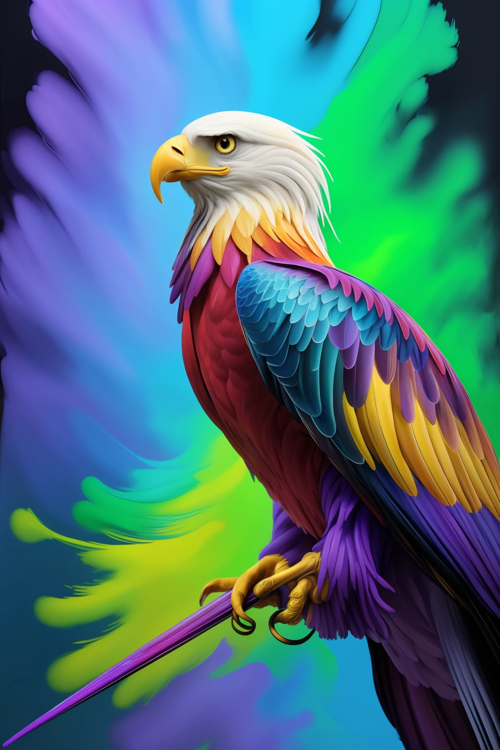 Colorful Eagle: A 28-year-old Giru, oil painting, perfect feathers, blue yellow colors, light purple and violet additions, light red additions, intricate details, welcome screen, 8k resolution, masterpiece, artstation digital painting Very smooth ink flow: 8k resolution Photorealistic masterpiece: Intricately detailed fluid gouache painting: by Jean Baptiste Mongue:  Calligraphy: Acrylic: Watercolor Art, Professional Photography, Daylighting, Maximalist Volumetric Lighting Photoillustration: by Marton Bobzert:, Complex, Elegant, Expansive, Fantastic, Vibrant, Best Quality Details, Realistic, High Definition, High Quality Texture, Epic Lighting, Motion Picture Still, 8k, Soft Lighting, Anime Style, Masterful Playing Card Edge, Random Colorful Art, Oil Painting, Blue Yellow Colors, Purple Color Additions  clear and violet, light red additions, intricate details, welcome screen, 8K resolution, masterpiece, artstation digital painting Very smooth Black ink flow: 8K resolution Photorealistic masterpiece: intricately detailed fluid gouache painting: by Jean Baptiste Mongue: Calligraphy: acrylic: watercolor art, professional photography, natural lighting, volumetric lighting Maximalist photoillustration: by Marton Bobzert:, complex,  Elegant, expansive, fantastic, vibrant