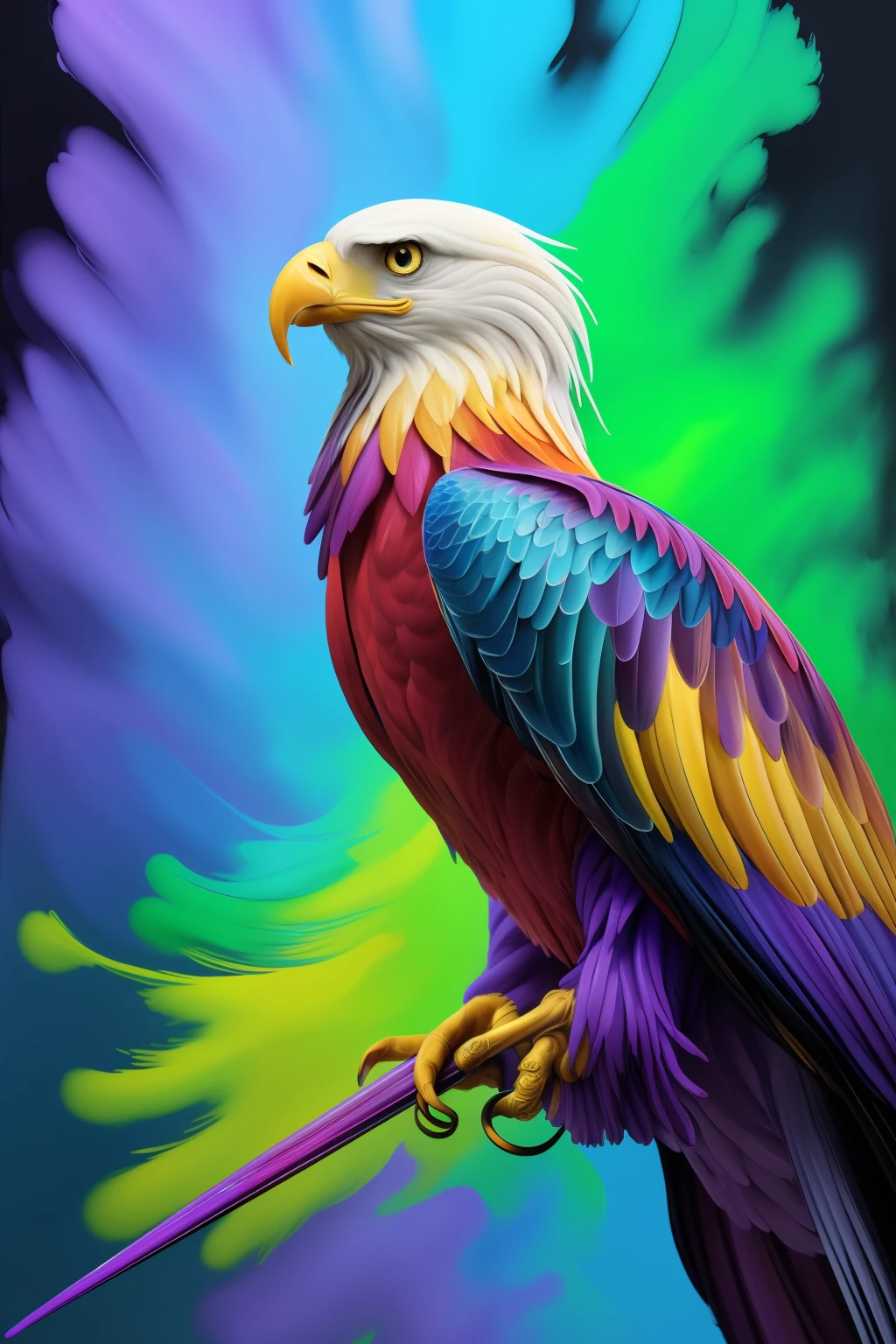 Águila colorida: un 2 giru, pintura al óleo, plumas perfectas, colores azul amarillo, adiciones de color violeta claro y violeta, adiciones de color rojo claro, detalles intrincados, pantalla de bienvenida, resolución 8k, obra maestra, pintura digital artstation Flujo de tinta muy suave: resolución 8k Photorealistic obra maestra: pintura gouache fluida intrincadamente detallada: por Juan Bautista Mongue:  caligrafía: acrílico: arte de la acuarela, fotografía profesional, iluminación natural, Fotoilustración de iluminación volumétrica maximalista: by Marton Bobzert:, complejo, Elegant, expansivo, fantástico, vibrantee, Detalles de la mejor calidad, Realista, alta definición, Textura de alta calidad, iluminación épica, Imagen en movimiento fija, 8K, iluminación suave, estilo animado, Borde magistral del naipe, arte colorido al azar, pintura al óleo, colores azul amarillo, Adiciones de color púrpura claro y violeta., adiciones de color rojo claro, detalles intrincados, pantalla de bienvenida, resolución 8k, obra maestra, pintura digital artstation Flujo de tinta negra muy suave: resolución 8k Photorealistic obra maestra: pintura gouache fluida intrincadamente detallada: por Juan Bautista Mongue: caligrafía: acrílico: arte de la acuarela, fotografía profesional, iluminación natural, Fotoilustración maximalista de iluminación volumétrica.: by Marton Bobzert:, complejo,  Elegant, expansivo, fantástico, vibrante