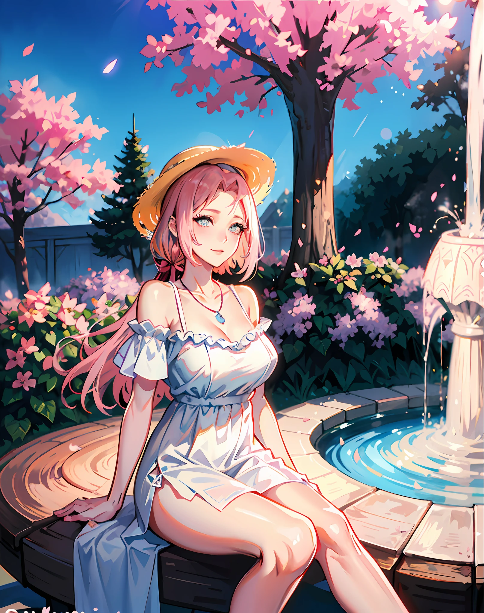 {{masterpiece}}, best quality, cinematic lighting, lens flare, medium breasts, beautiful detail eyes, white summer dress, sitting by a fountain, necklace, straw hat, sunset, sakura, cherry tree, petals,pink hair,forehead to show