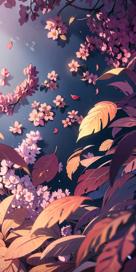Masterpiece, best quality, (very detailed CG unity 8k wallpaper) (best quality), (best illustration), (best shadows) Nature&#39;s delicate leaves petals of various colors falling in the air light Tracking, super detailed --v6