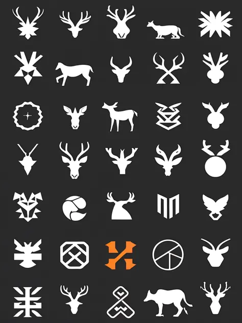 negative space symbols, poster with many silhouettes of geometric animal logo of minimalist negative space, logo style, international style, tiger, reindeer