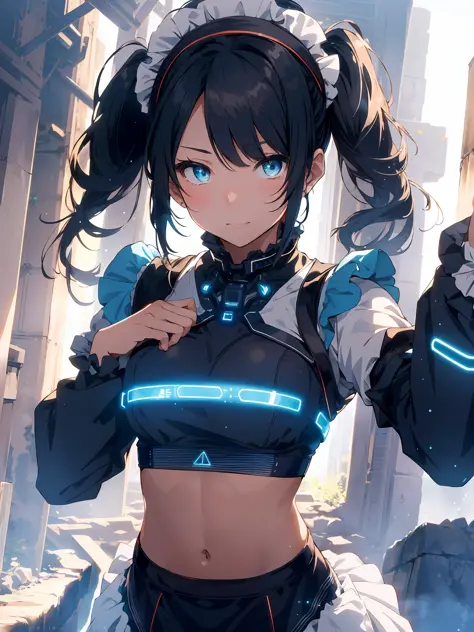 (1girl, solo), 18 years old anime girl, long black twintails with neon blue highlights, (wearing futuristic maid uniform:1.5), (midriff:1.5), (small breasts:1.3), (toned stomach:1.3), (eyelashes:1.2), (aegyo sal:1.2), (detailed face), immersive background,...
