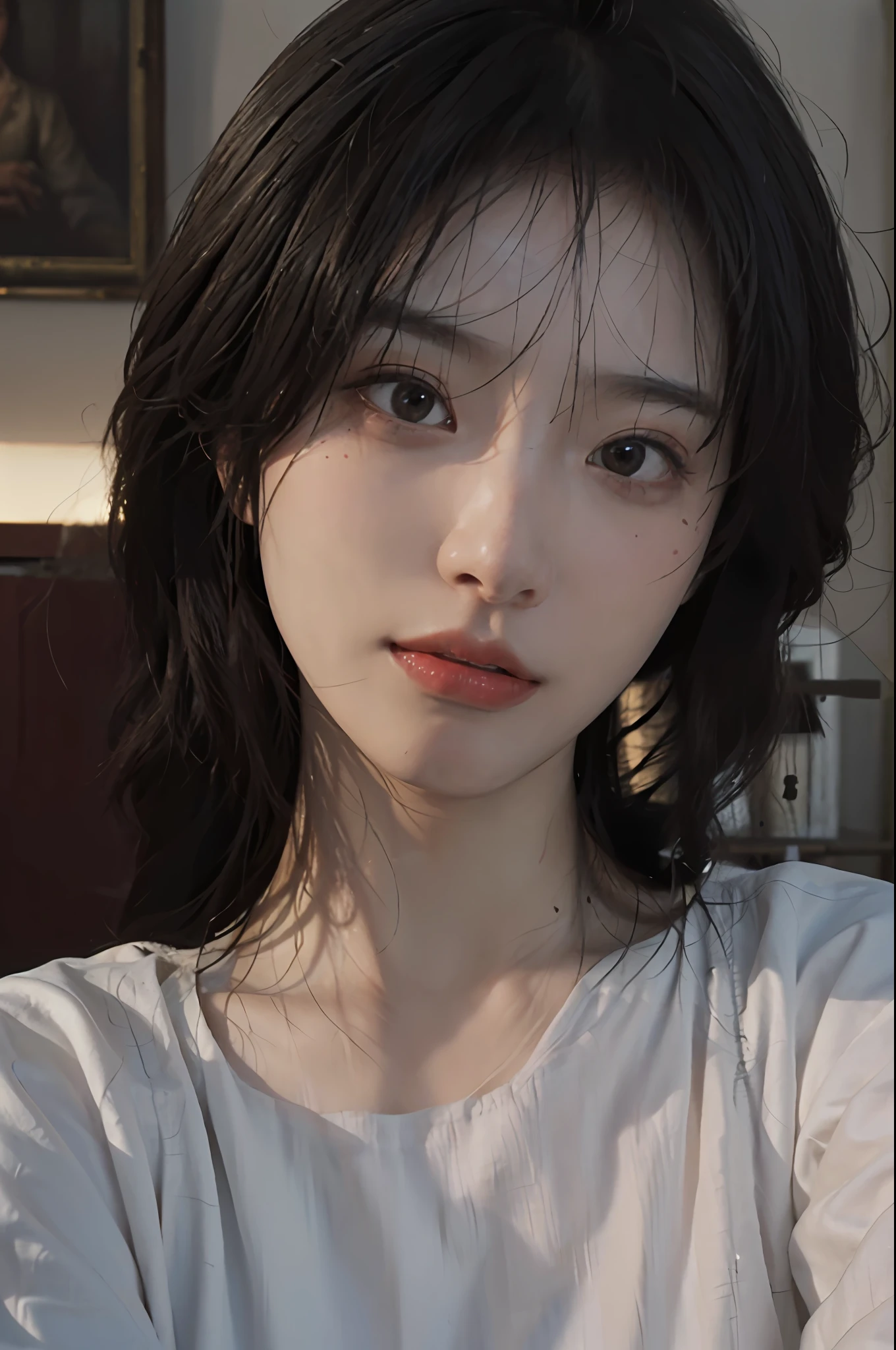 8K, Best Quality, Masterpiece, Ultra High Resolution, (Realism: 1.4), Original Photo, (Realistic Skin Texture: 1.3), (Film Grain: 1.3), (Selfie Angle), 1 Girl, Beautiful Eyes and Face Details, Masterpiece, Best Quality, Close-up, Upper Body, Looking at the Viewer