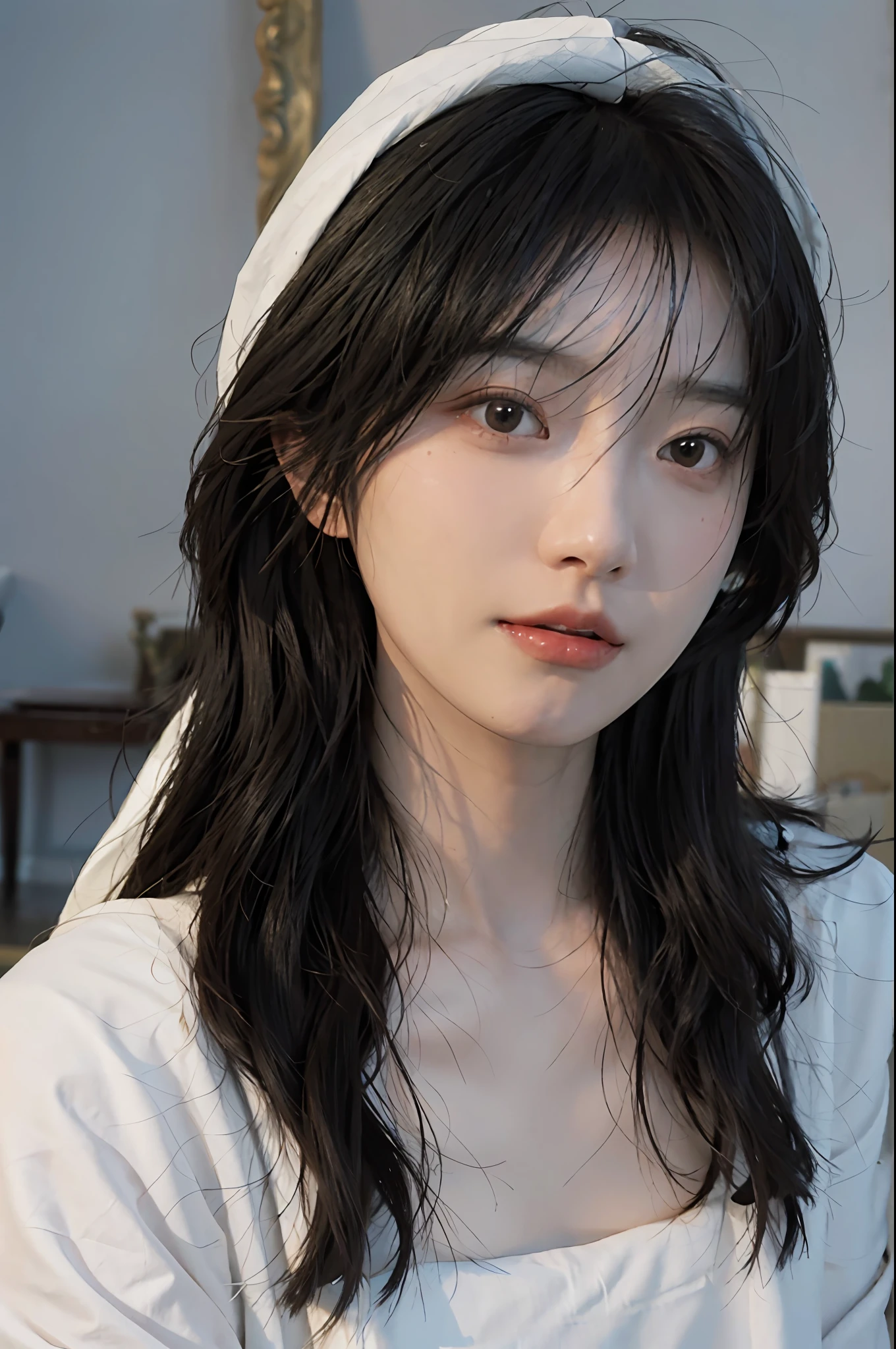 um close up de uma mulher com cabelos longos usando uma toalha branca, a photorealista painting by Zhang Han, tumblr, Realismo, realista. Cheng Yi, retrato suave fotografado em 8k, lindo rosto delicado, lindo rosto delicado, belo rosto estético, beautiful realista face, Rosto extremamente lindo, Guweiz, rosto de anime natural fofo, photorealista anime, realista beautiful face