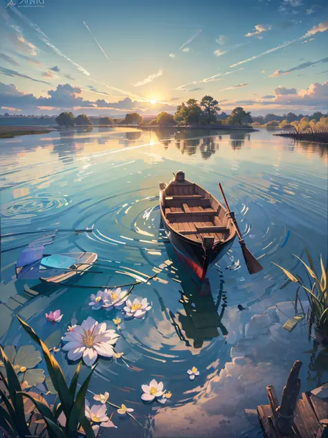 Wallpaper, summer pond, pond, boat, afternoon sun, reeds, pond background, depth of field, hot weather, HD detail, wet watermark, hyperdetail, realistic photo, 16k, surrealism, soft light, deep field focus bokeh, ray tracing, diffuse (ultra-fine glass reflection) and surrealism. --v6