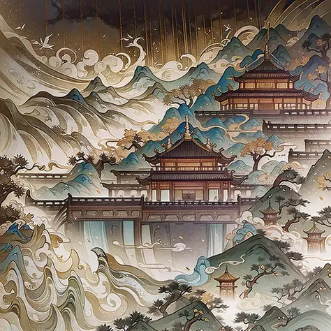 An ancient Chinese painting, ancient Chinese background, mountains, rivers, auspicious clouds, pavilions, sunshine, masterpieces...