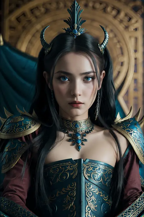 the gorgeous Dragon Emperatriz (total war Warhammer) (black hair, blue eyes, small breasts) shiny armor, brave, subtle narrative, enigmatic atmosphere, atmospheric perspective, fluid movement, ethereal quality, solo, low fantasy, vivid brushstrokes, striki...
