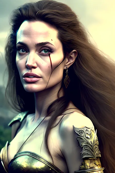 A photorealistic portrait of a warrior Angelina Jolie with long windy ...