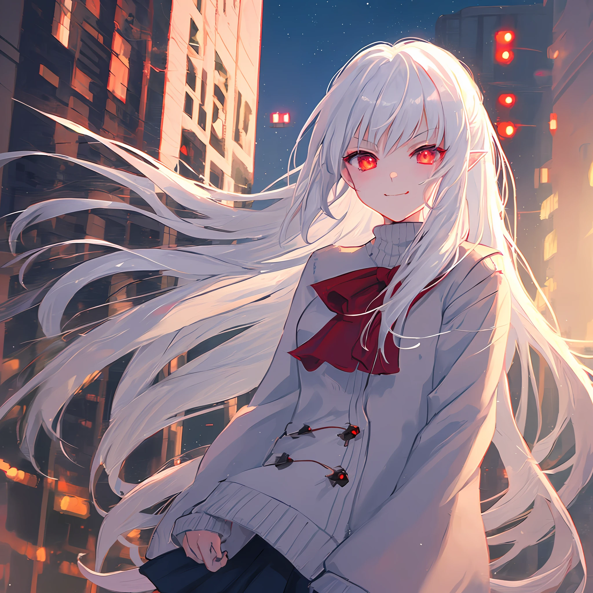 1girl, solo, anime girl with long white hair and red eyes, girl with white hair, girl in white turtleneck, girl in brown cardigan, pointed ears, smirk, smug, closed mouth, cowboy shot, perfect white haired girl, white haired deity, digital cyberpunk anime art, turtleneck, cardigan, lens flare, ((dramatic lighting)), soft glowing red eyes, extremely detailed, masterpiece, looking at viewer, city in background, (night)