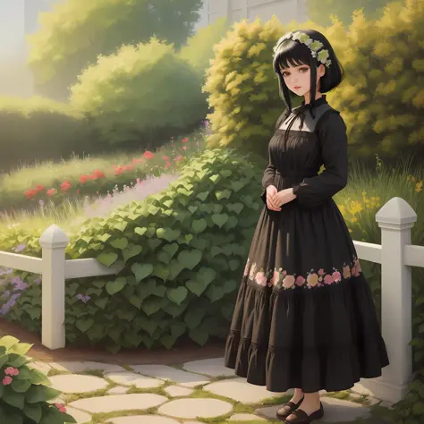 A girl with black hair and green eyes, very beautiful and realistic, she is full body and wears a floral dress, in a beautiful and realistic garden.